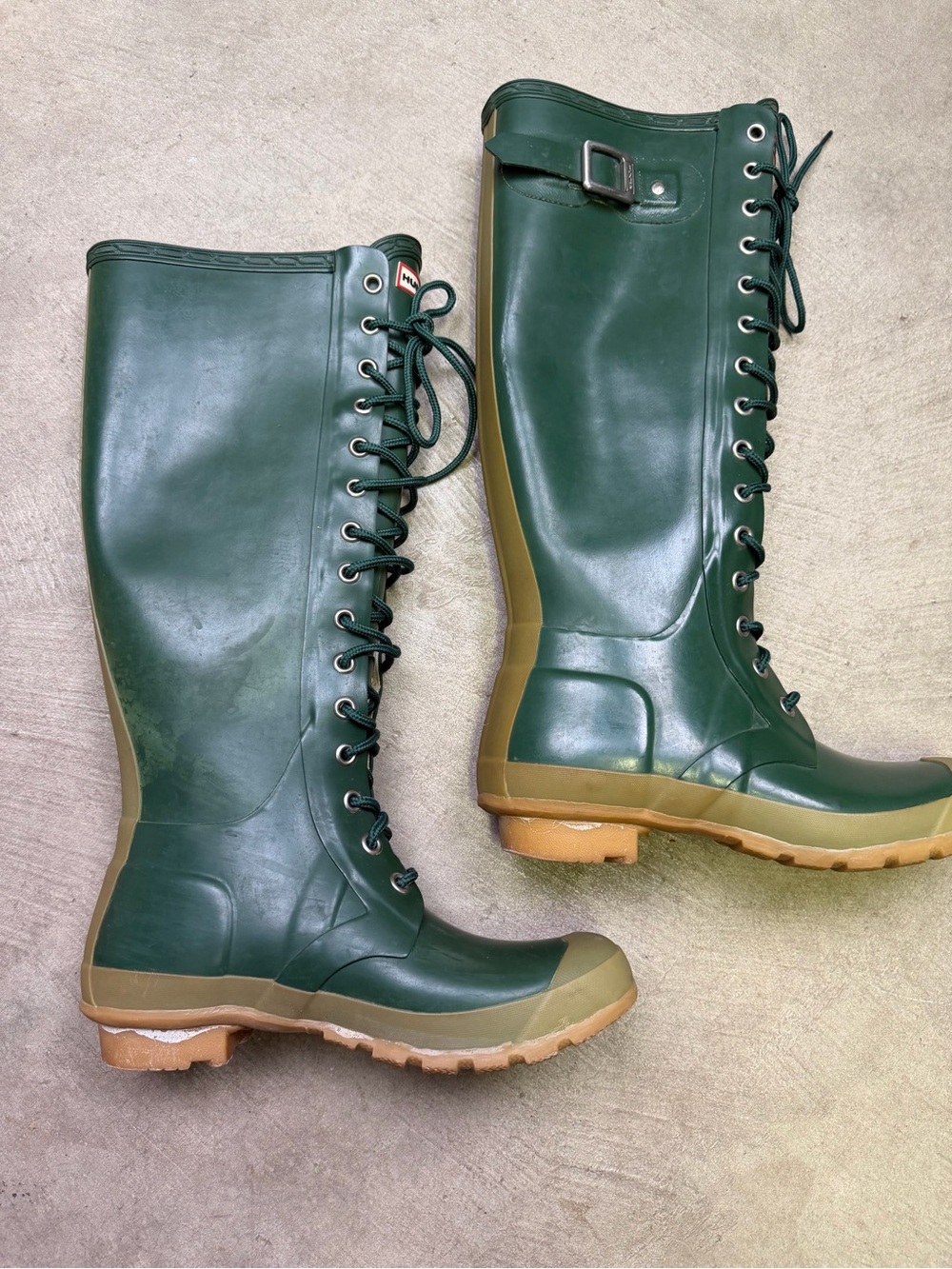 Hunter Women’s 7 Green Lace Up Tall Rubber Rain Boots Knee High circa 2010-2012 - Picture 11 of 16
